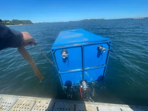 Estanque de HDPE flotando en faena, con conexiones y válvulas